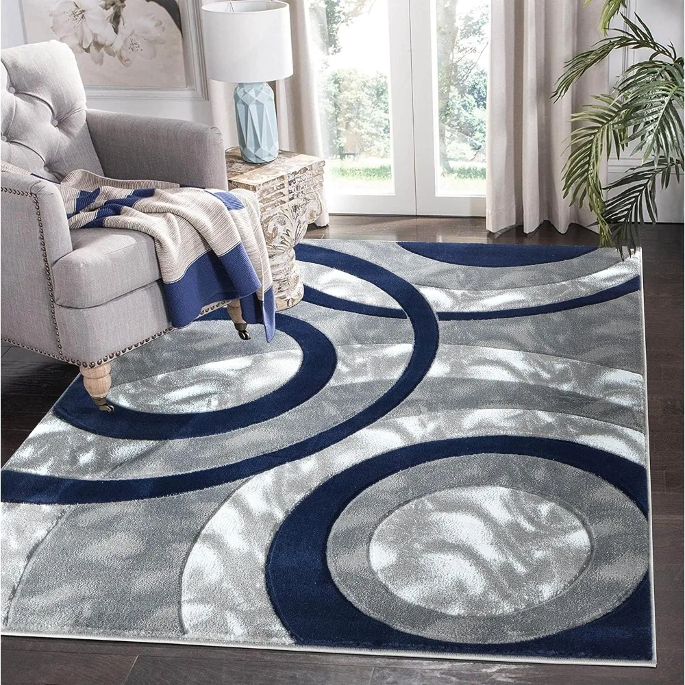 Area carpet Modern 8x10 Navy blue circular geometric soft hand-carved carpet with fluffy texture