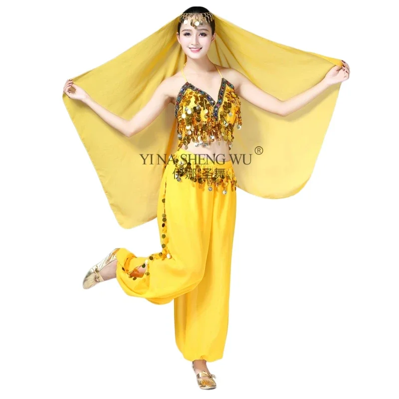 

Одежда для выступлений в Болливуде, танцевальные костюмы с блестками и стразами, 3 шт. (топ + брюки + вуаль), новые индийские женские костюмы для танца живота