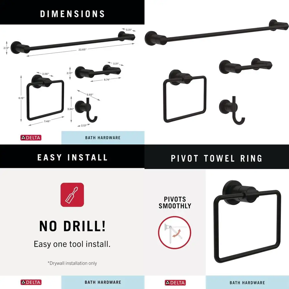 

Matte Black 4-Piece Bathroom Hardware Set: 18 Towel Rack, Tissue Holder, Hand Towel Bar, Towel Hook NIC64-MB