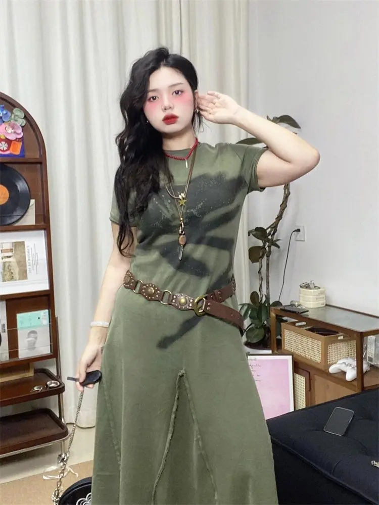 プラスサイズ ヴィンテージ グリーン 花柄ワンピース / レディース 夏新作 スリムウエスト ロングTシャツ / エレガント カジュアル ボヘミアン マキシ丈ワンピース y2k 韓国ファッション