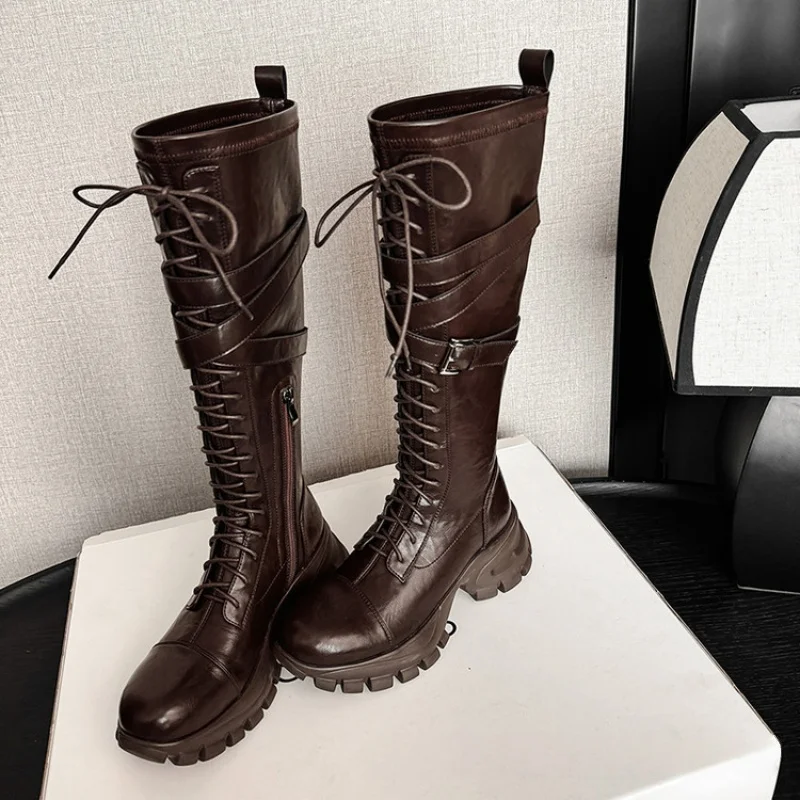 Women's Brown Leather Knee-High Combat Boots Lace-Up Buckle Strap Detail Design Chunky Sole Side Zipper Street Daily Casual Boot