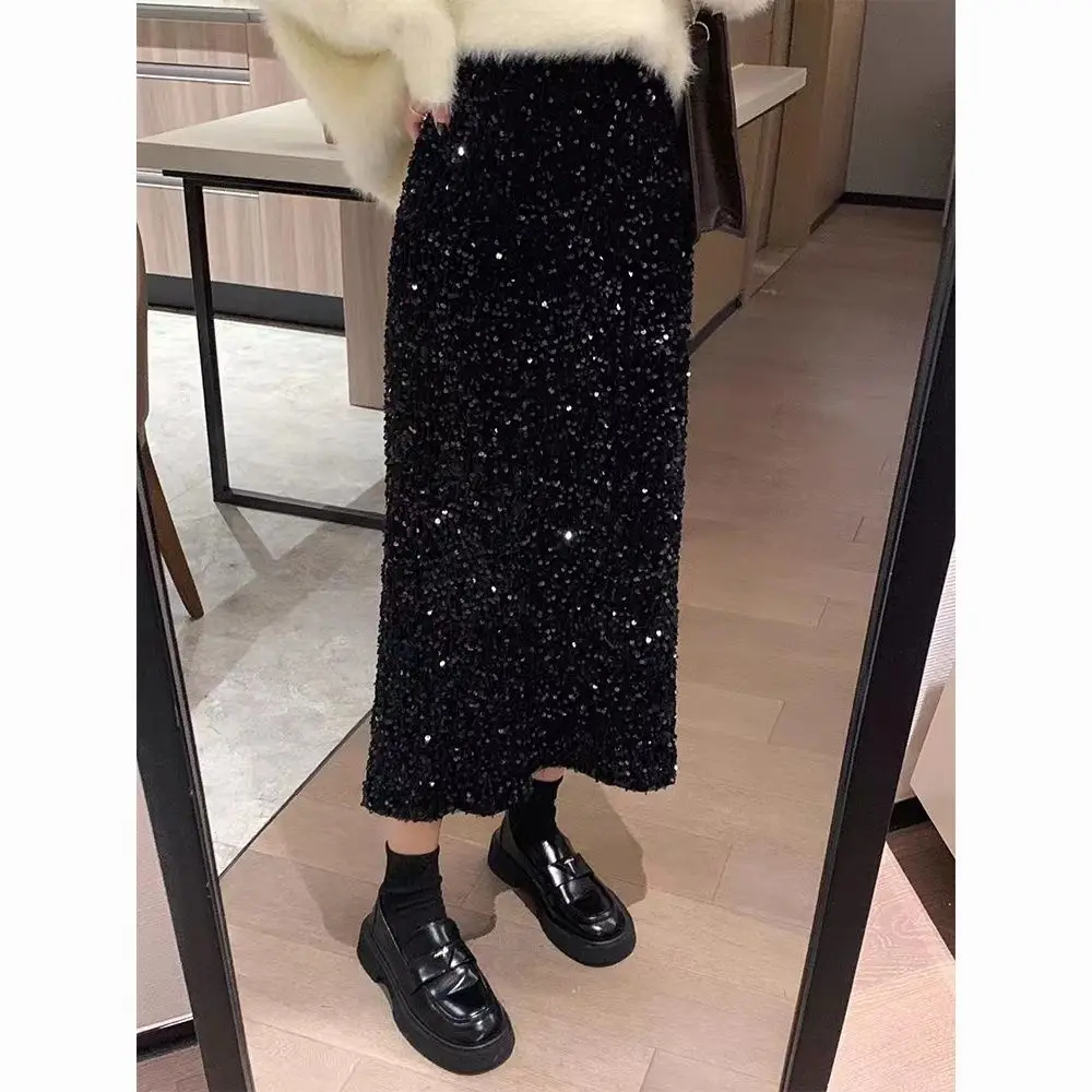 

2023 High Waist Tweed Skirts for Women Knee Long Autumn Winter Chic Split Glossy Thickening Elegant Warm Slimming Skirt C75