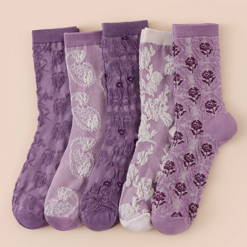 5 Pairs Four Seasons Women's Purple Floral 3D Relief Flower Print Pattern Versatile Soft And Comfortable Casual Long Socks