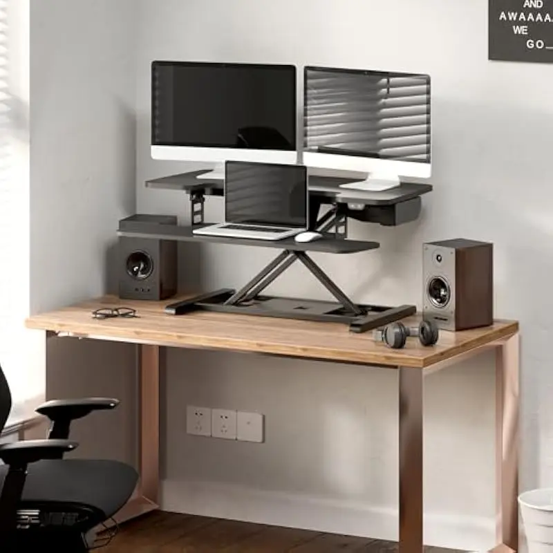 35 inch Motorized Height Adjustable Desk Riser with Wide U Shaped Work Surface and Integrated Keyboard Tray for Dual Monitors La