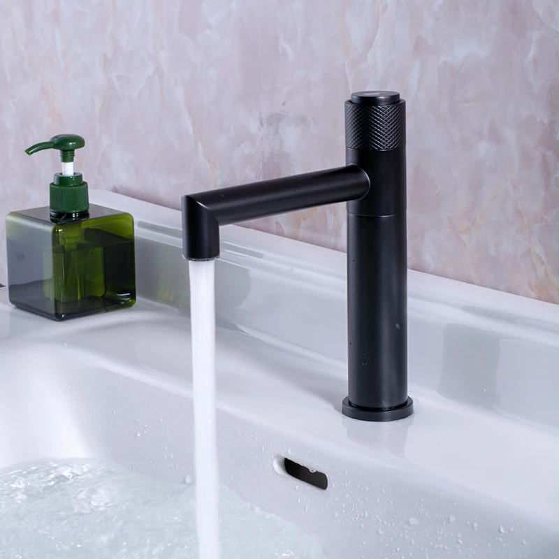 Grifo monomando para lavabo de baño frío, montaje en cubierta, tipo botón de un orificio, giratorio moderno 360 °   Grifo para lavabo de tocador negro