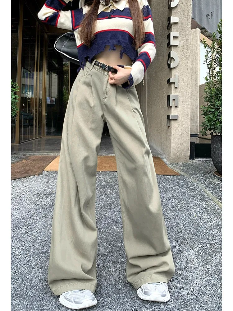 

GUUZYUVIZ Women's Casual Wide Leg Pants Y2k Streetwear Loose Folds Baggy Pants Fashion New Washed Solid Female Straight Trousers