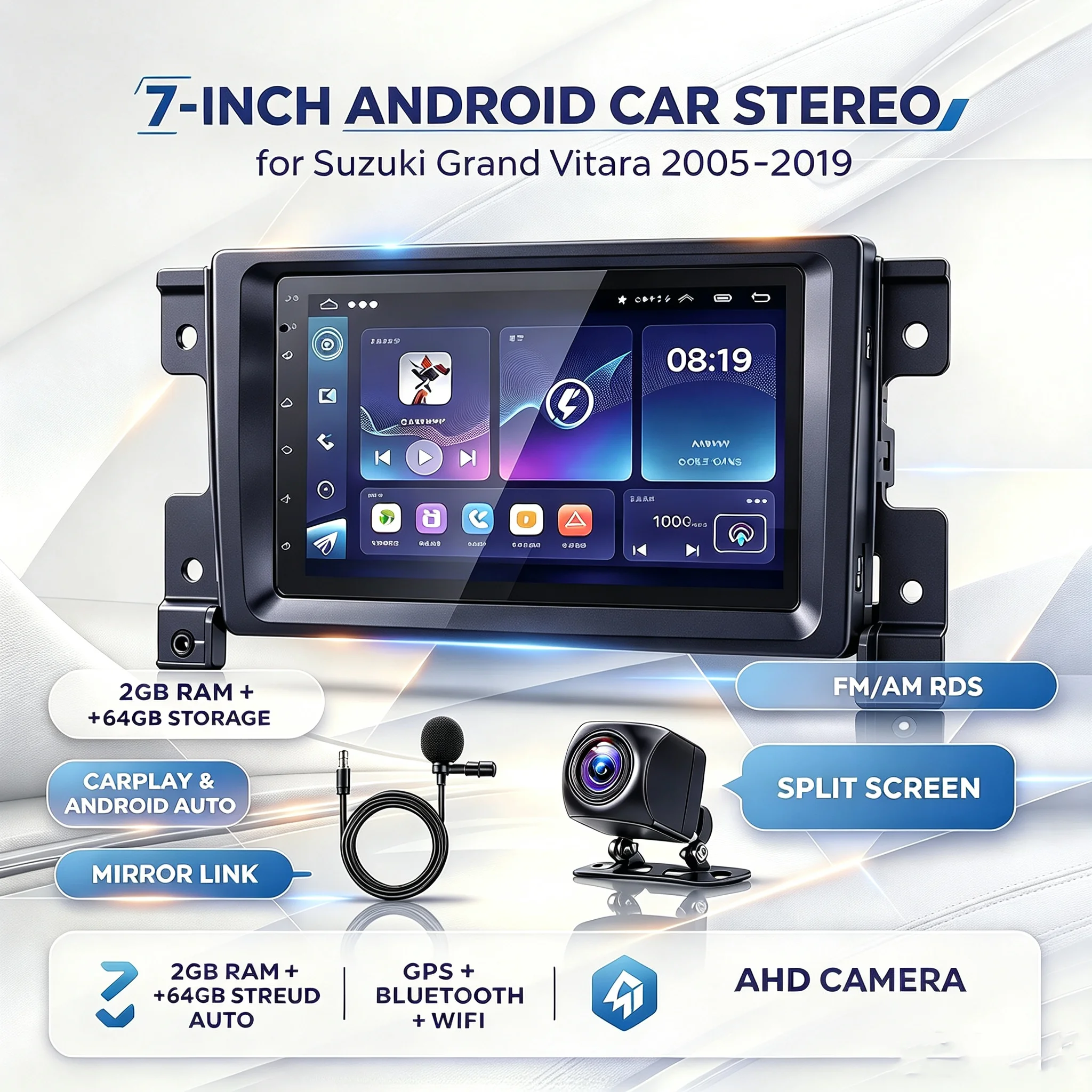 Image of 2+64G Android 15 7-Zoll-Autoradio-Stereo-GPS-Navigation für Suzuki Grand Vitara 2005-2019, Low-Configuration mit Carplay, Android Auto, Bluetooth, WLAN, FM, AM, RDS, SWC, Mirror Link, Split Screen,