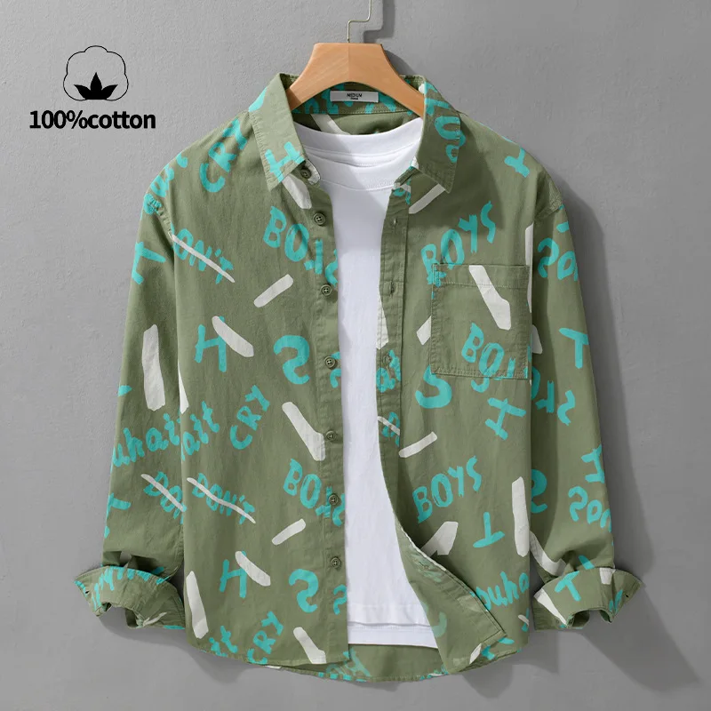 100% Cotton, Loose-fitting Autumn Jacket for Daily Wear, Men's Printed Long-sleeve Shirt, Breathable and Sweat-wicking.