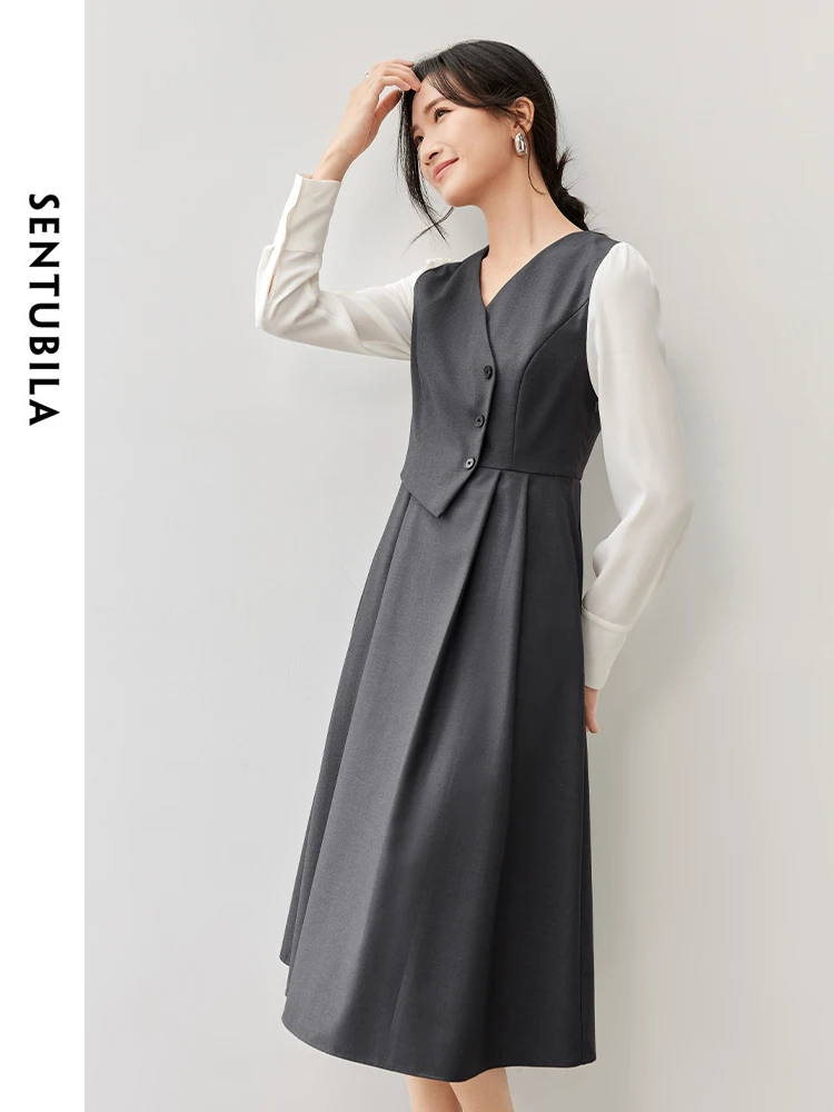 

SENTUBILA Patchwork Retract Waist Dresses Woman 2024 Autumn A-line V Neck Folds Long Sleeve Office Lady Simple Dress 143L56668