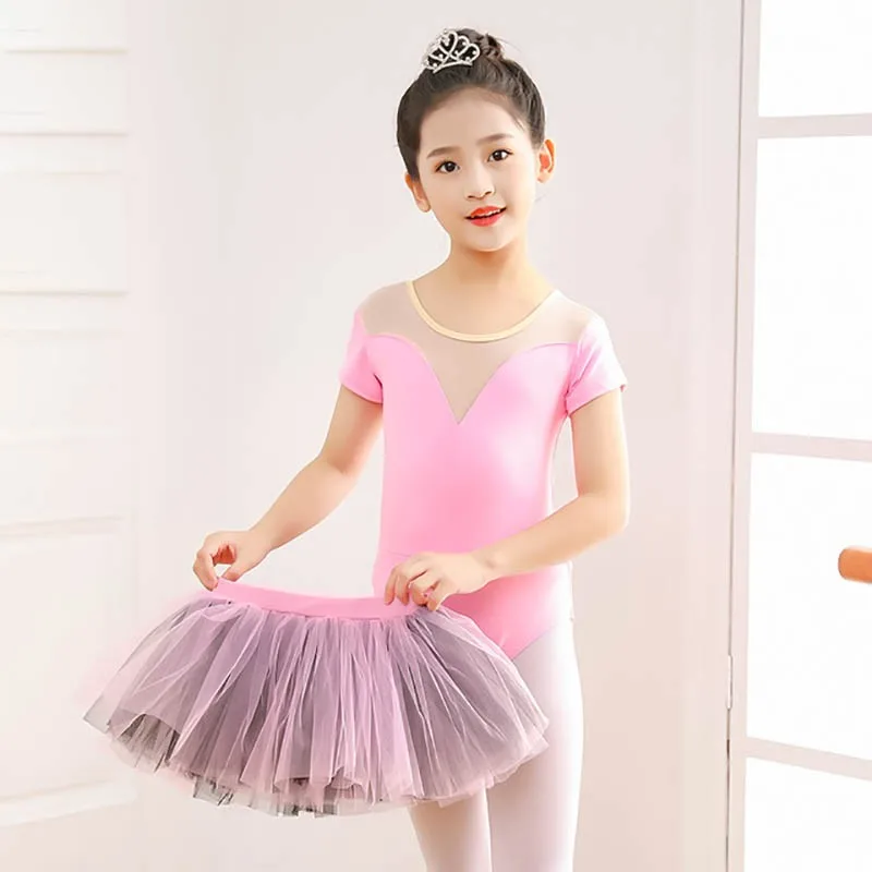 Summer Girls Cotton Short Sleeve Ballet Leotards With Tutu Skirt Body Suit Outfit Set Dancing Dress Gymnastic Costumes Suits Kid