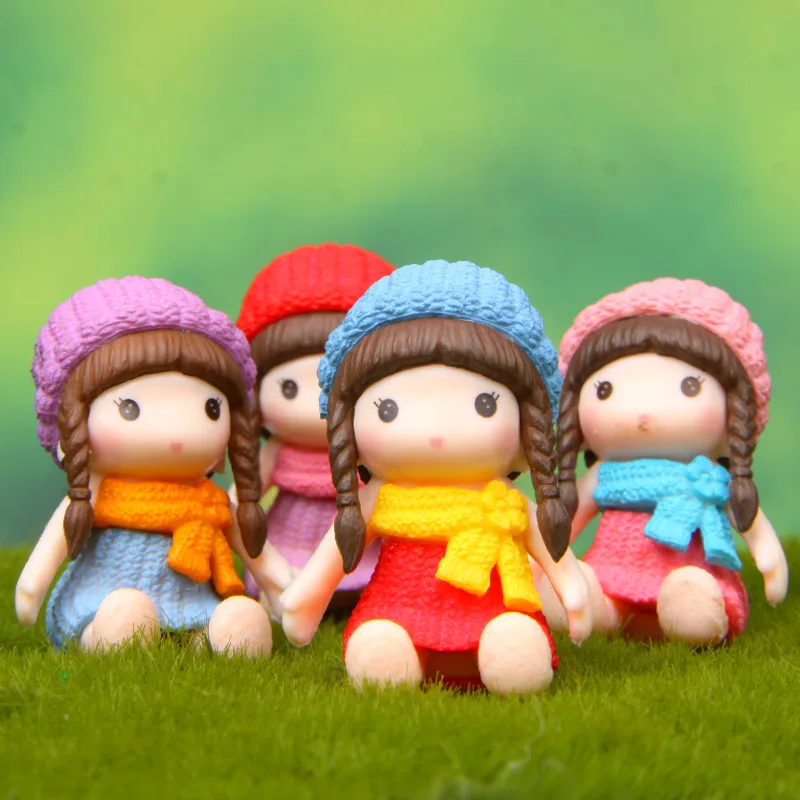 4PCS Mini Scarf Girl Doll DIY Micro Landscape Dolls Fairy Garden Miniatures Decor Dollhouse Figures Handicraft Ornaments