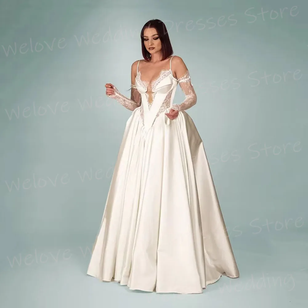 Charming A Line Women's Wedding Dresses Spaghetti Straps Robe De Mariée Customized Long Sleeve Lace Bride Gowns Vestido De Novia