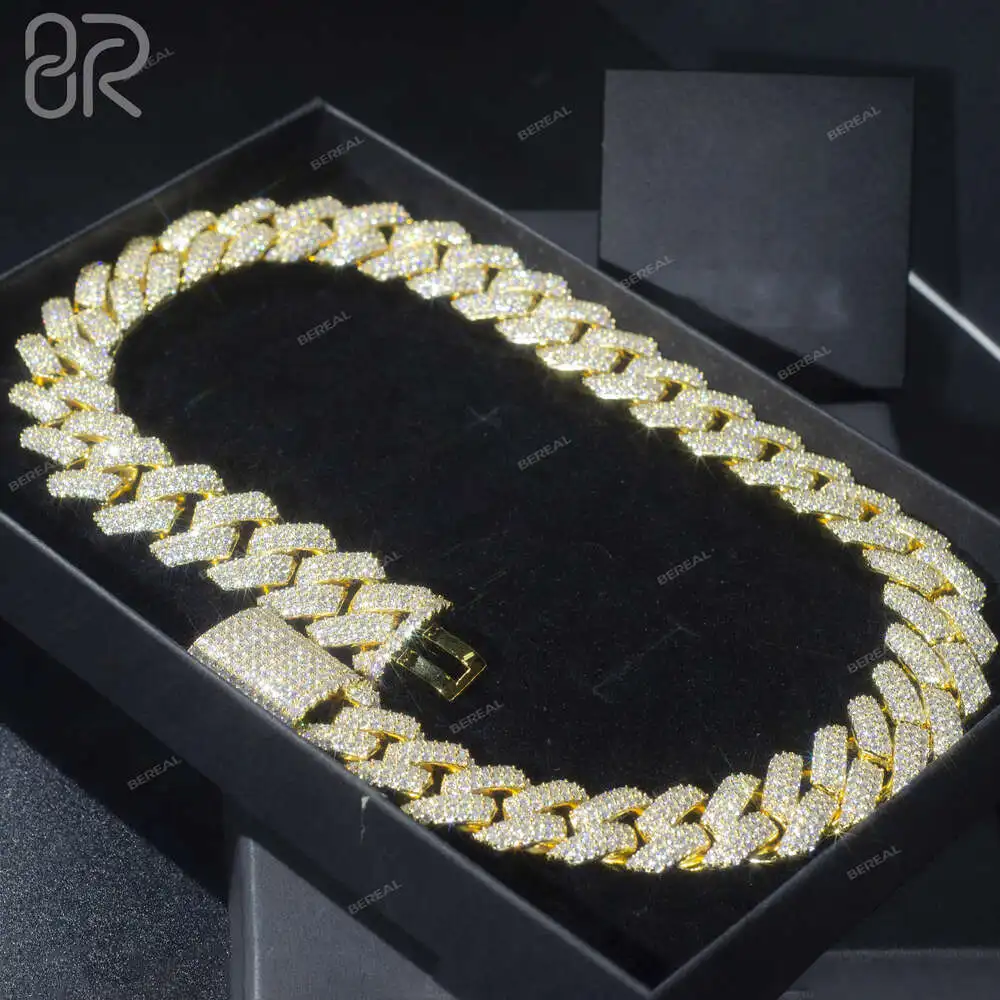 Wholesale Price 18mm Moissanite Cuban Chain Fancy Jewelry Round Brilliant Cut Diamond Gold Plated 925 Silver Cuban Link Necklace