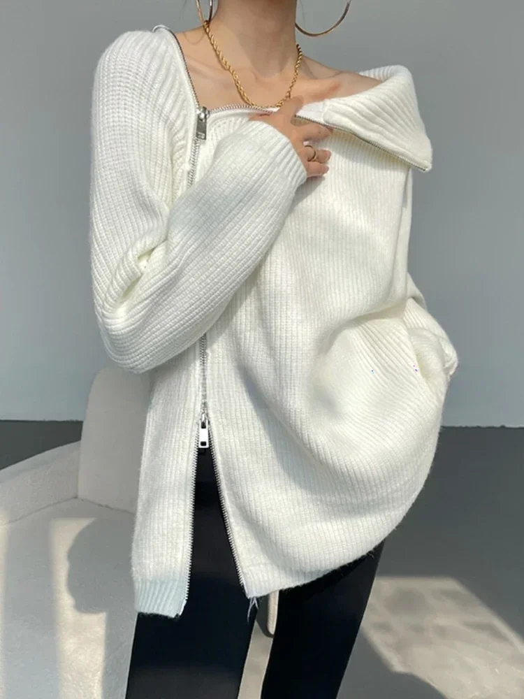 Double Zipper Grey Turtleneck Fashion Loose Fit Casual Long Women Sweater Woman Simplicity Oversize Retro White Pullover Women
