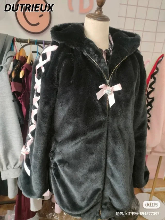 Imagem -03 - Cabolsa de Pele Sintética com Laço de Renda para Mulheres Parkas Grossas de Algodão Jaqueta Feminina Estilo Japonês Novo Inverno 2023