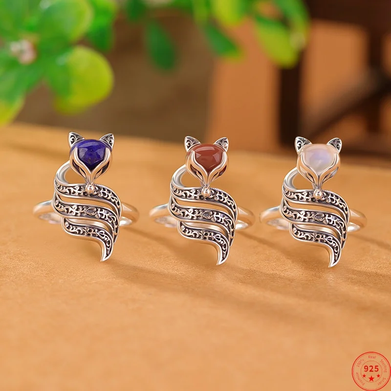 S925 Sterling Silver Rings for Women Eternal Rattan Pattern Nine-tails-fox Lapis Red Agate Moonstone Fashion Jewelry Wholesale