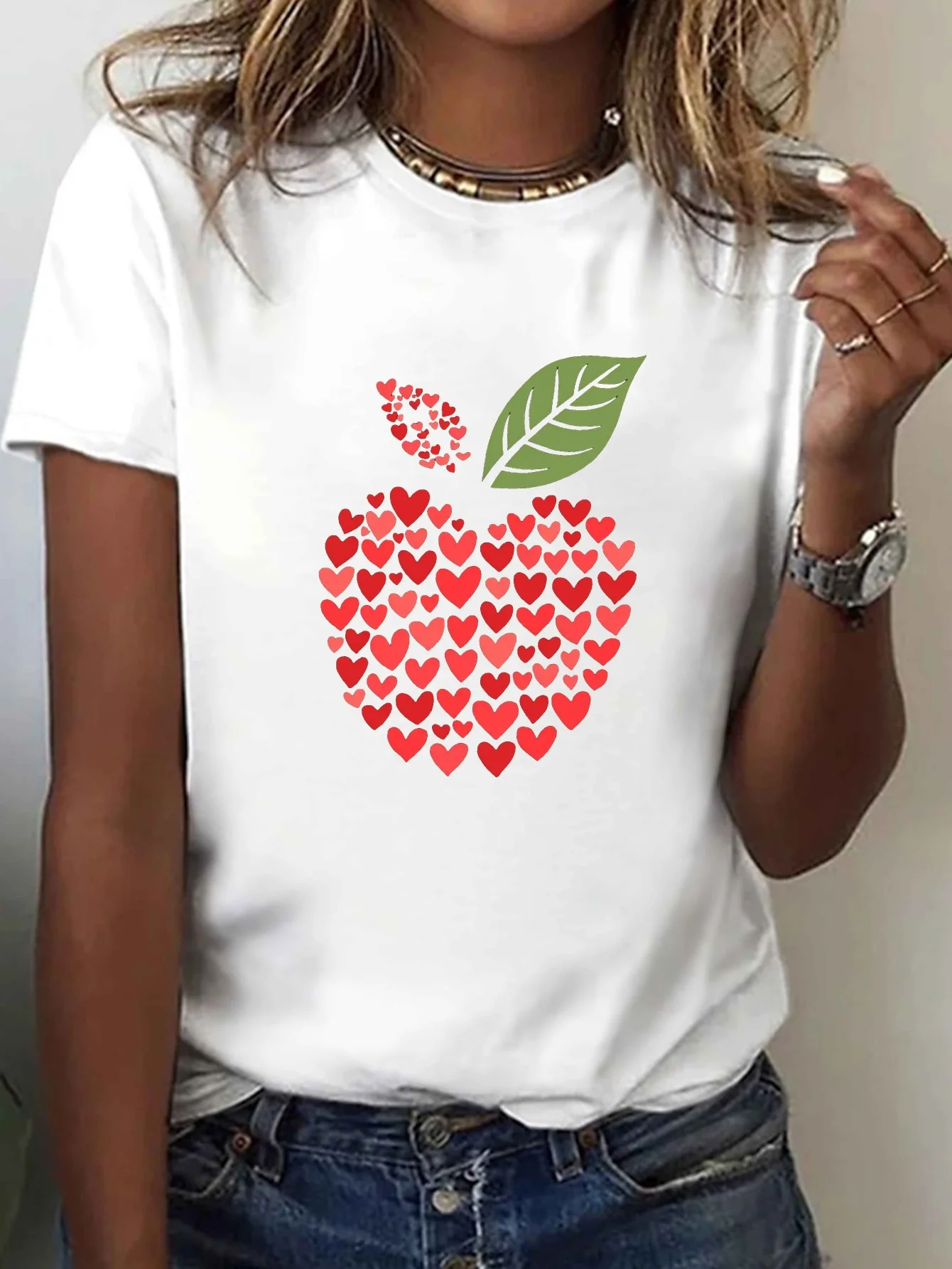 Camiseta informal de manga corta con cuello redondo para mujer estampado de manzana y corazón patrón geométrico ropa de