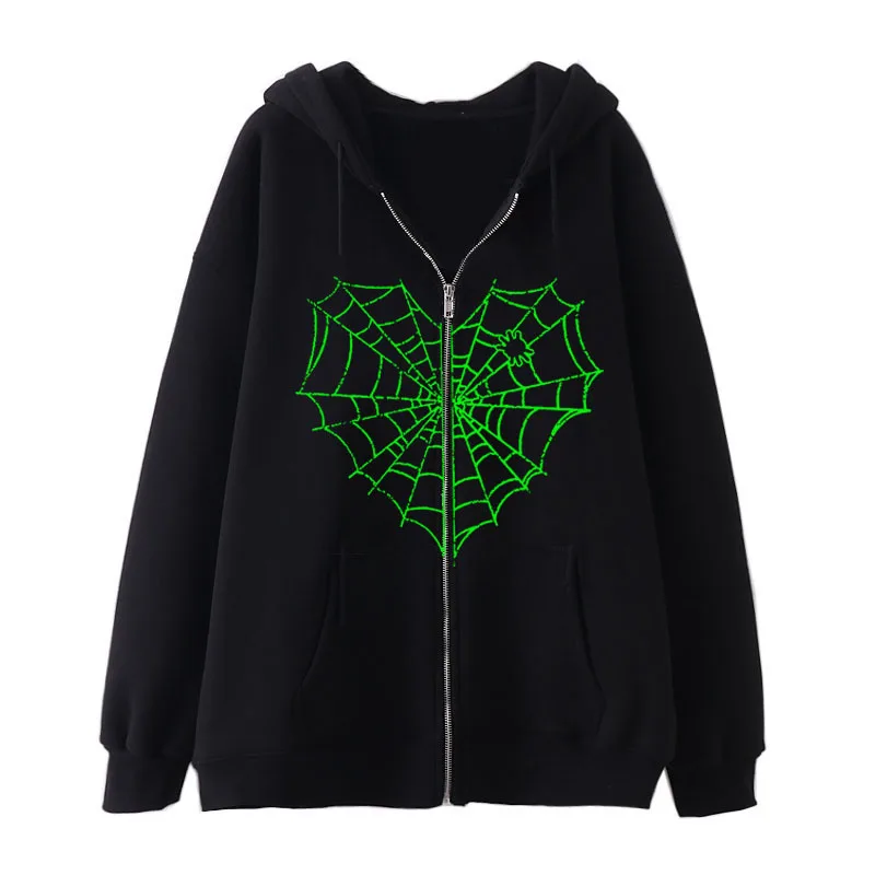 Spider Cobweb Pattern Zipper Hoodies Hip Hop Fashion Y2k Women Men Autumn Loose Zip Up Sweatshirt Retro Trend Couples Clothes