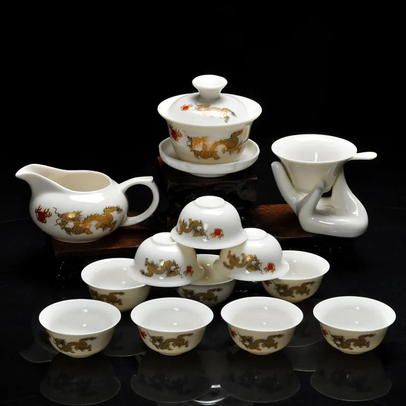 14 Pieces Kung Fu tea set,Chinese Pattern Include White Glazed Ceramic Porcelain Dragon 10pcs Cups and Teapot