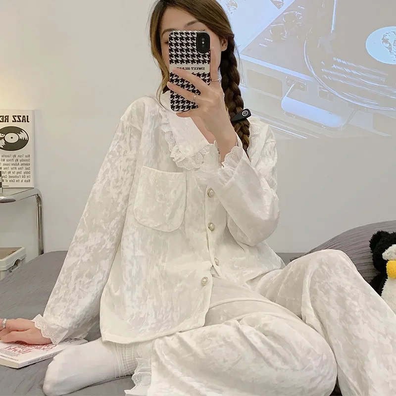 Women Sleepwear Trouser Suit Velour Loungewear Sweet White Lace Velvet Pajamas Set Autumn Winter Pyjama Loose Homewear Lingerie