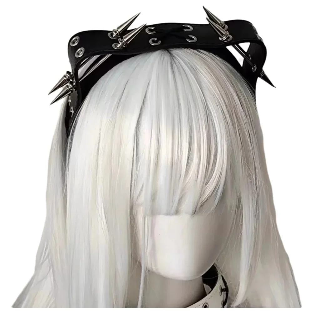 

Темная повязка на голову с кошачьими ушками в стиле панк, субкультура, повязка на голову с острым носком, металлическая повязка на голову с кошачьим мехом, пикантная девушка, готический головной убор