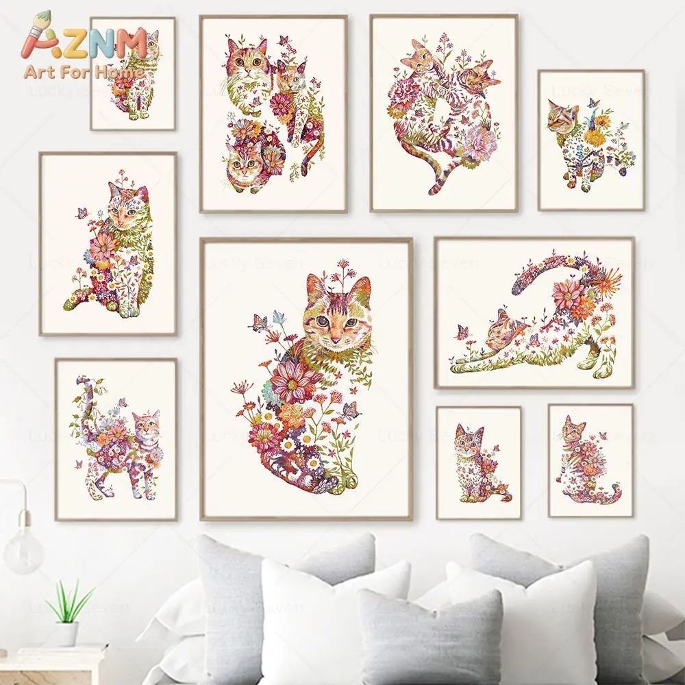 AZNM Floral Cat Canvas Wall Art Colorful Wild Flower Butterfly Kitten Watercolor Print Unframed Canvas Boho Living Room Bedroom