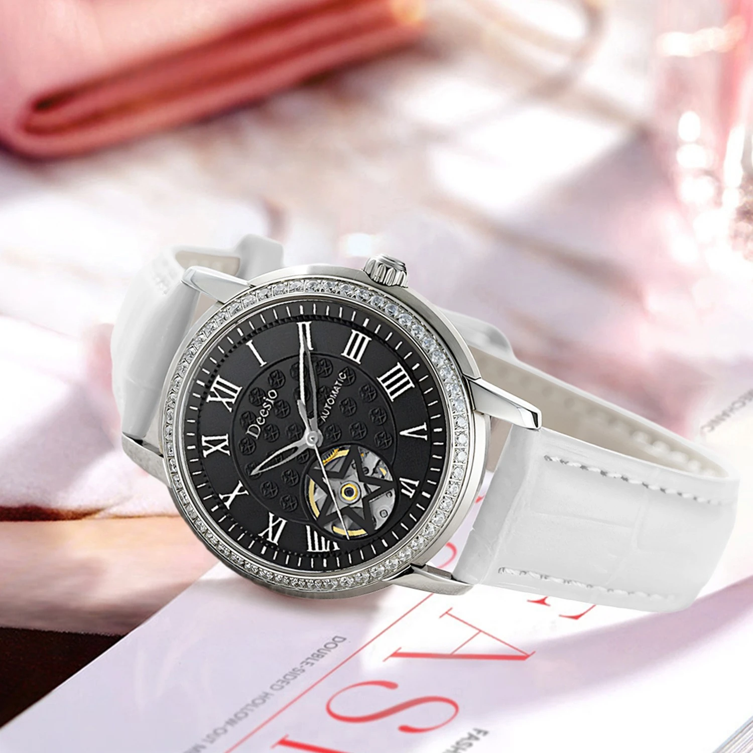 Deesio Women's Mechanical Watch Stainless Steel Leather Strap Rhinestone Inlaid  50M Waterproof Wristwatch Valentine's Day Gift