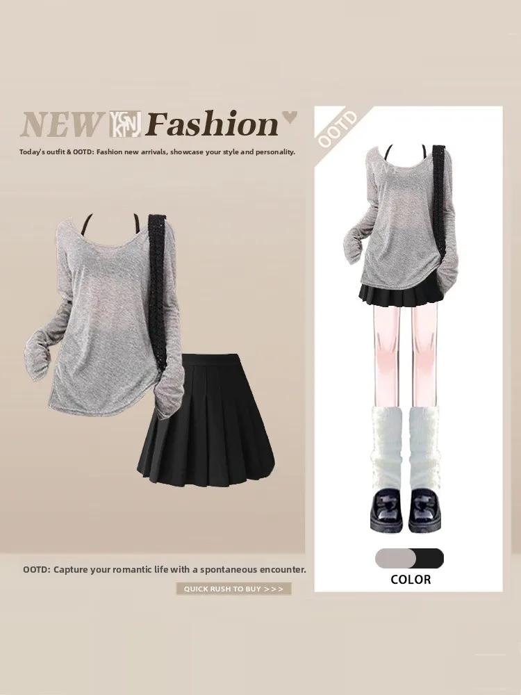 

Spring Thin Long Sve Women's Set Casual Sle Sun Protection irt And Pleated Skirt Faionable Two-Piece Ensemble