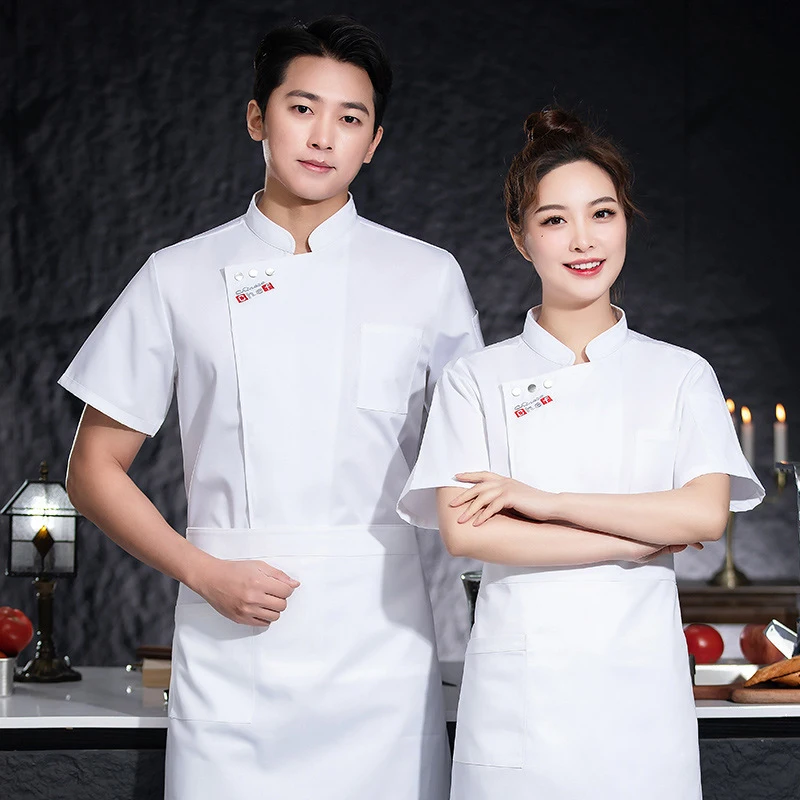 Uniforme de chef fino de manga corta para hombre, ropa de trabajo de cocina, uniforme de chef, ropa de trabajo de chef de verano para mujer, estampado