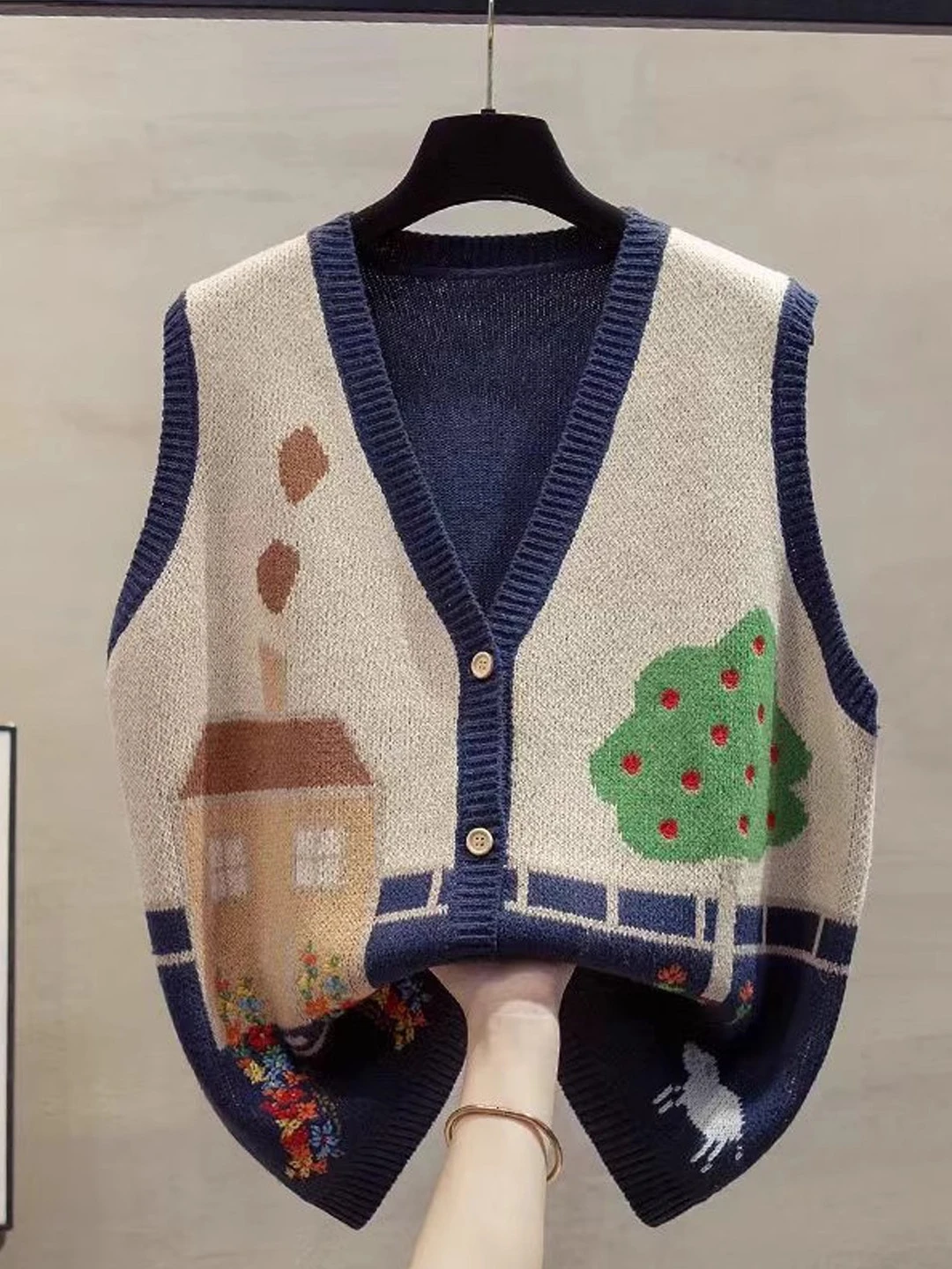 

Жаккардовый вязаный жилет с v-образным вырезом, женский весенне-осенний кардиган большого размера с рисунком дома/дерева/овецы, жилет без рукавов, повседневный жилет