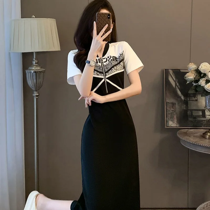 Estate nuovo temperamento elegante moda stampato impiombato cerniera pendolare Versatile scollo a v manica corta a-line abito di media lunghezza