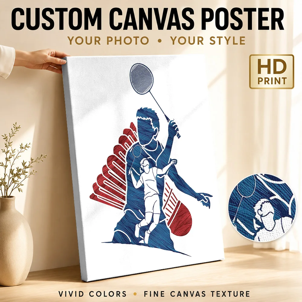 Dynamic Badminton Player Graphic Illustration Framed Canvas Poster Custom Sports Portrait Wall Paintings Decoration for Office