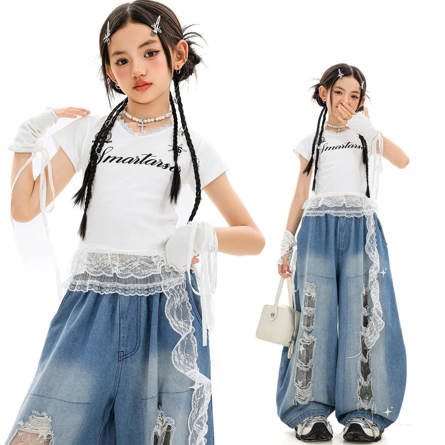 

Kid Kpop Hip Hop Clothing White Lace Trim T Shirt Denim Blue Casual Distressed Ripped Jeans Pants for Girl Dance Costume Clothes