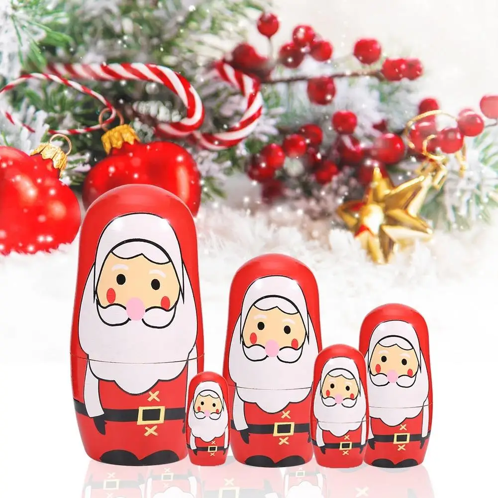 5pcs Handpainted Christmas Wooden Matryoshka Dolls - Russian Nesting Dolls Set for Home Decoration