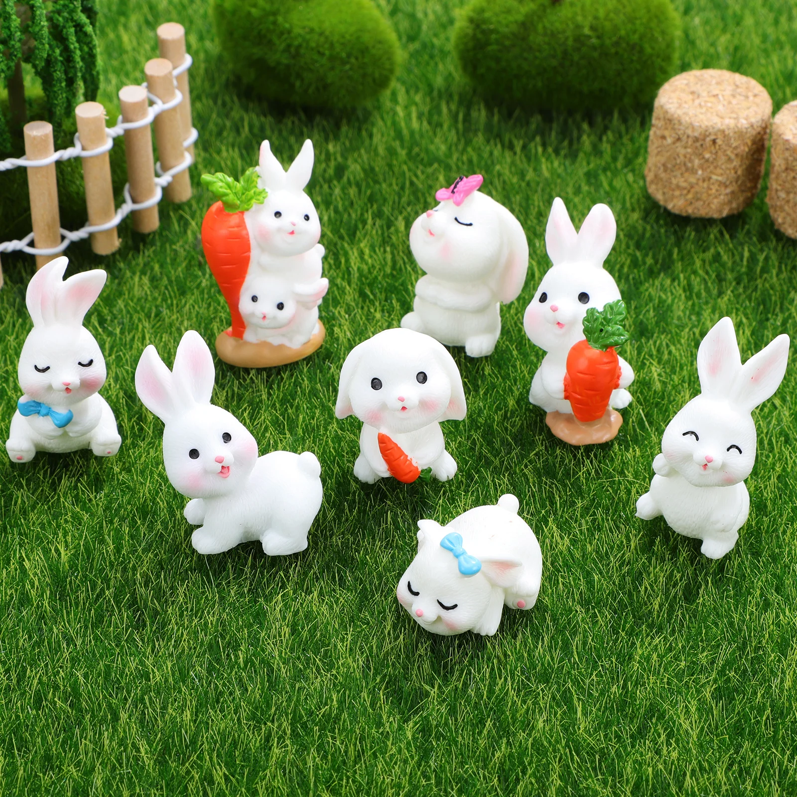 

8 Pcs White Rabbit Decoration Resin Figurines Cute Mini Bunny Ornaments Artificial Desktop Garden Party Spring Statues
