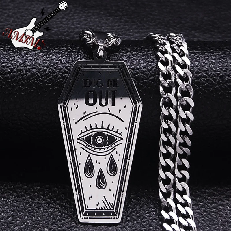 Punk DIG ME OUT Coffin Pendant Necklace Stainless Steel Goth Eyes Tears Necklaces Music Gothic y2k Jewelry collar acero N3703