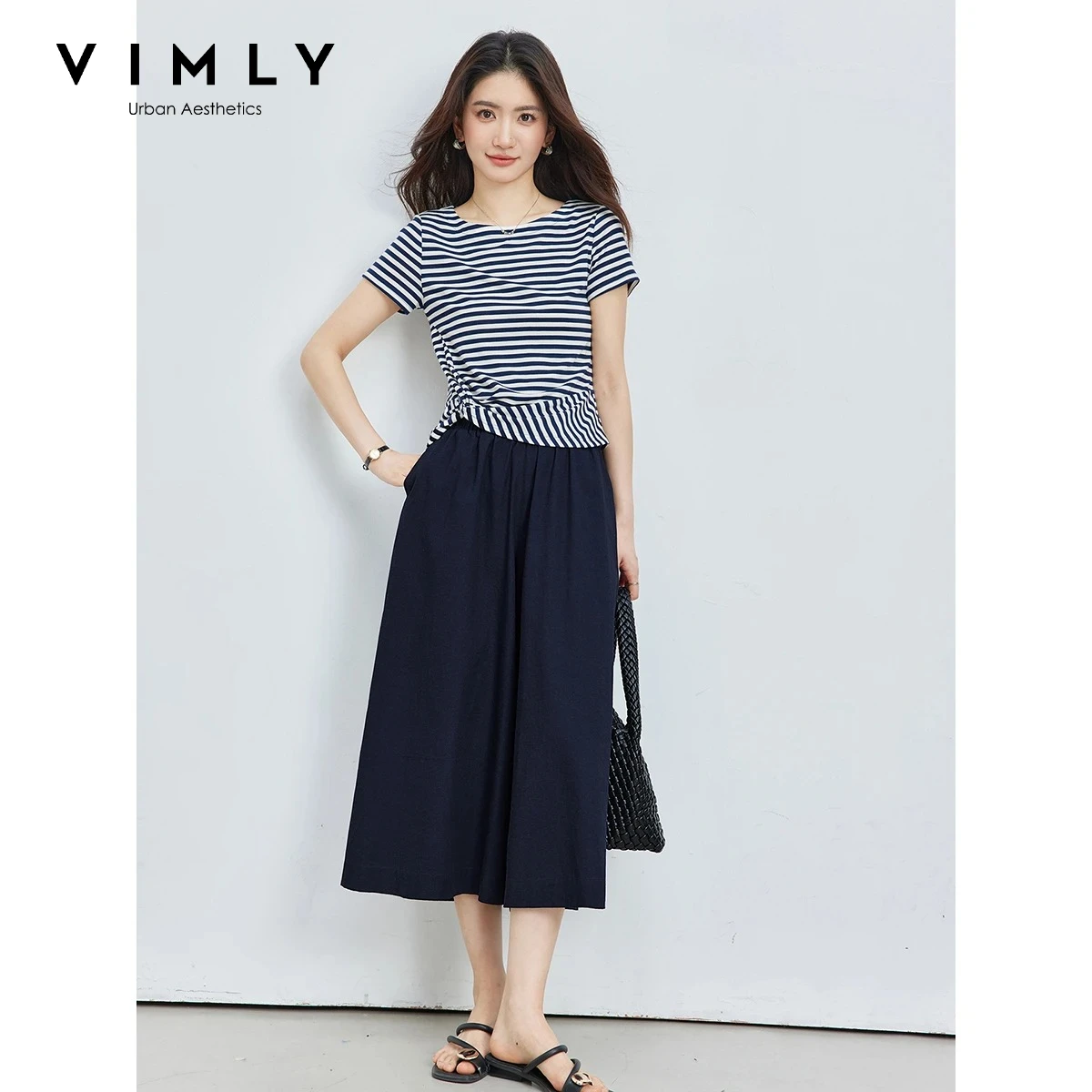

VIMLY Casual Commuter Women's Suit Summer 2026 New Striped T-shirt Wide Leg Pants Two-piece Set Simple Daily Outfit A6569