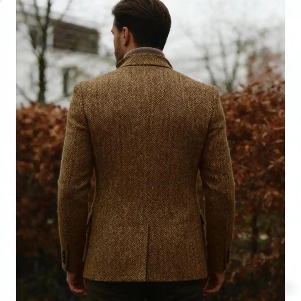 Men's Herringbone Tweed Blazer Notch Lapel Multi-Pocket Wool Blend Suit Jacket Vintage Business Casual Outerwear for Fall Winter