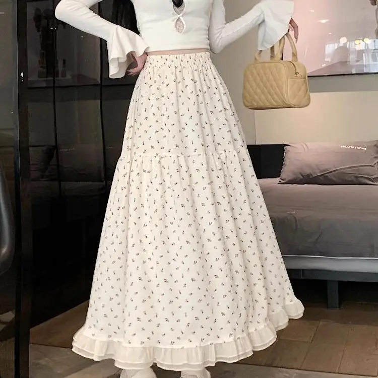 

plus Size Summer Floral A-Line Midi Skirt Women's Loose Fitting Drifting Gown High Waist Korean Sle Online Exclusive