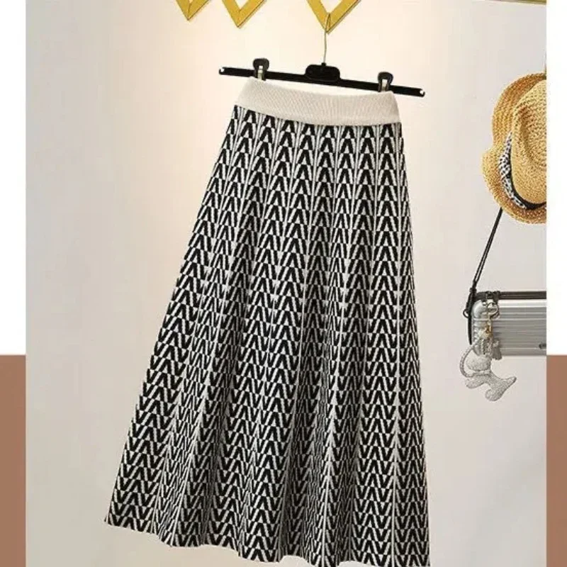 

Temperament Casual Autumn/Winter Women's Elastic Waist Plaid Printing Fashion High Waist Slim Knitting Mid-length A-line Skirt