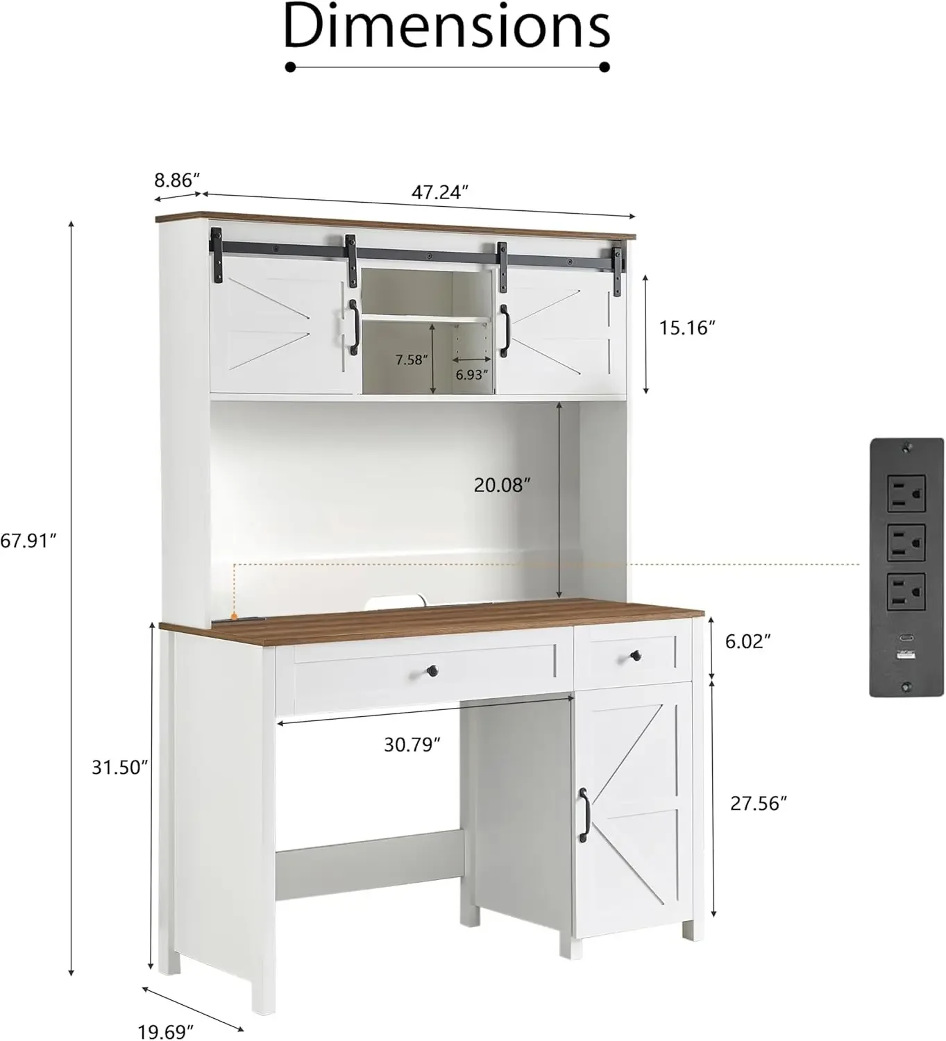 Farmhouse Computer Executive Desk with Charging Station, Drawers, Rustic Wood Home Office Desk for Study Room.