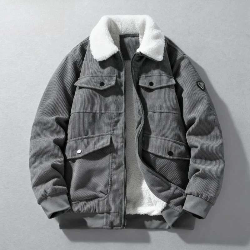 

Мужская вельветовая куртка с зимним воротником 2025 года, повседневная, удобная, свободная, качественная, простая, универсальная и плюшевая куртка для мужчин