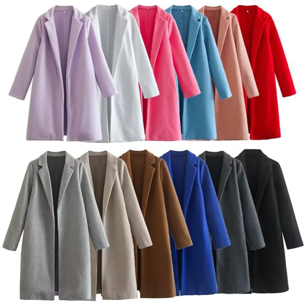 

Autumn and Winter New Women's Versatile Women's Suit Collar Mid length Coat Flip Collar Open Fleece Coat