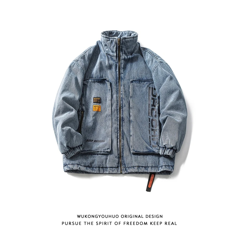 

Мужская джинсовая куртка Wukong в американском ретро-стиле, модная свободная куртка-спецовка из хлопка с воротником-стойкой