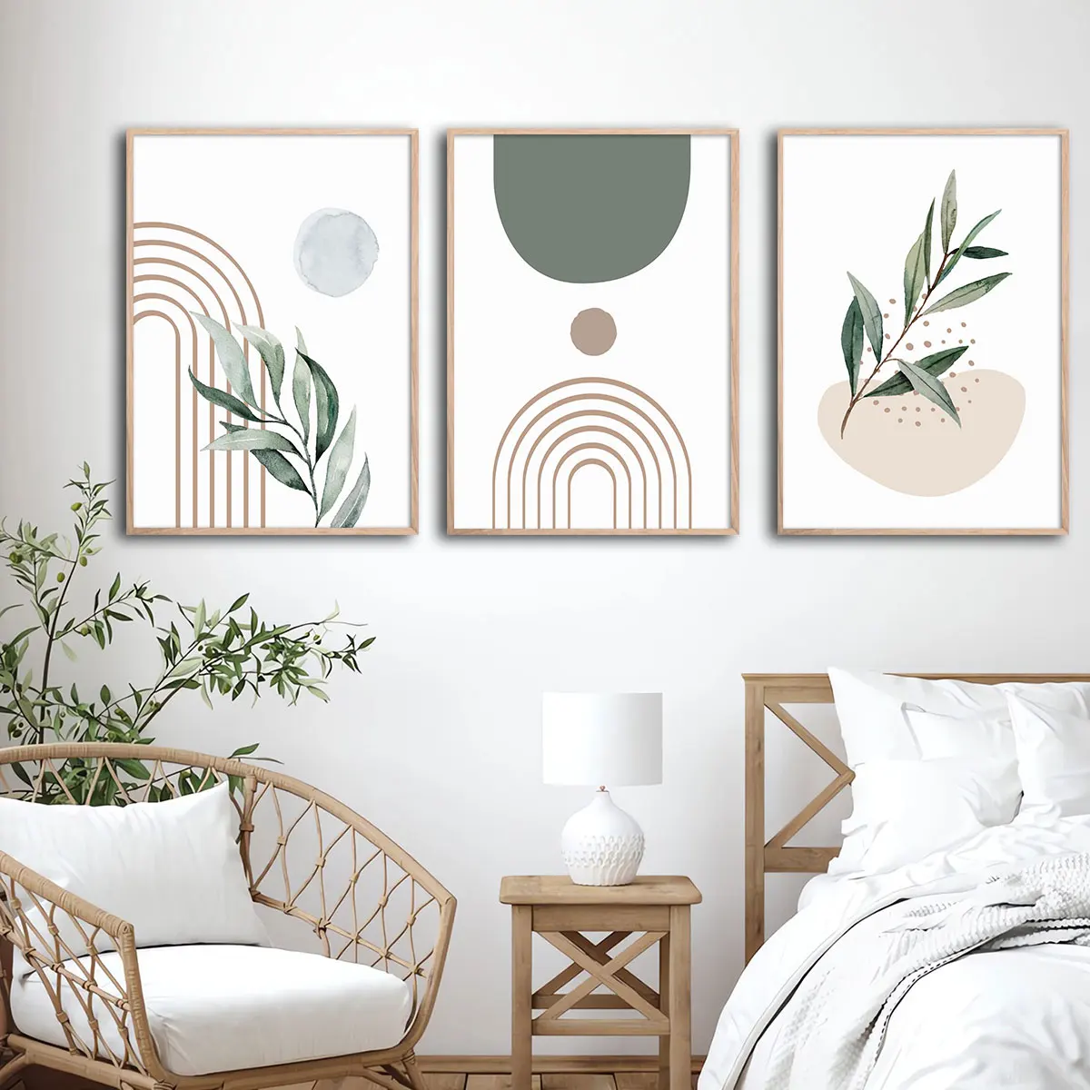 Set of 3 Mid Century Boho Retro Abstract Poster Canvas Print Green Geometry Graphics Botanical Leaf Painting Modern Wall Picture