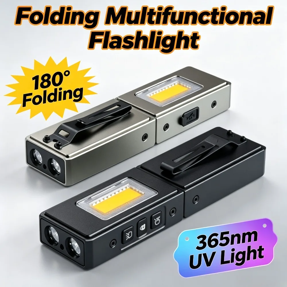 Multifunctional Folding EDC Flashlight 365nm UV Light Portable Torch with Strong Magnet for Outdoor Camping Inspection Lighting