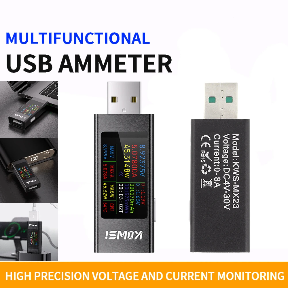 

USB Tester DC 4-30V 12A Voltage Ammeter Power Meter Digital HD 1.06inch Display Voltmeter Detector Power Bank Charger Indicator