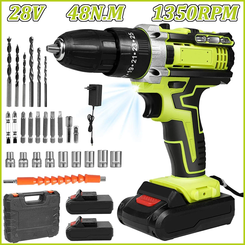 Ensemble de perceuse à percussion électrique 48N.M, tournevis sans fil, perceuse à batterie rechargeable 1350RPM avec éclairage de travail, outil électrique avec 2 batteries