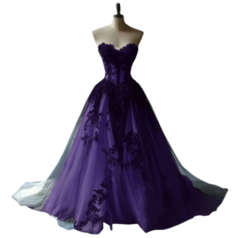 فستان زفاف قوطي أسود أرجواني على شكل قلب بدون حمالات طويل على شكل حرف a فساتين زفاف عتيقة فيستدوس دي نوفيا مخصصة