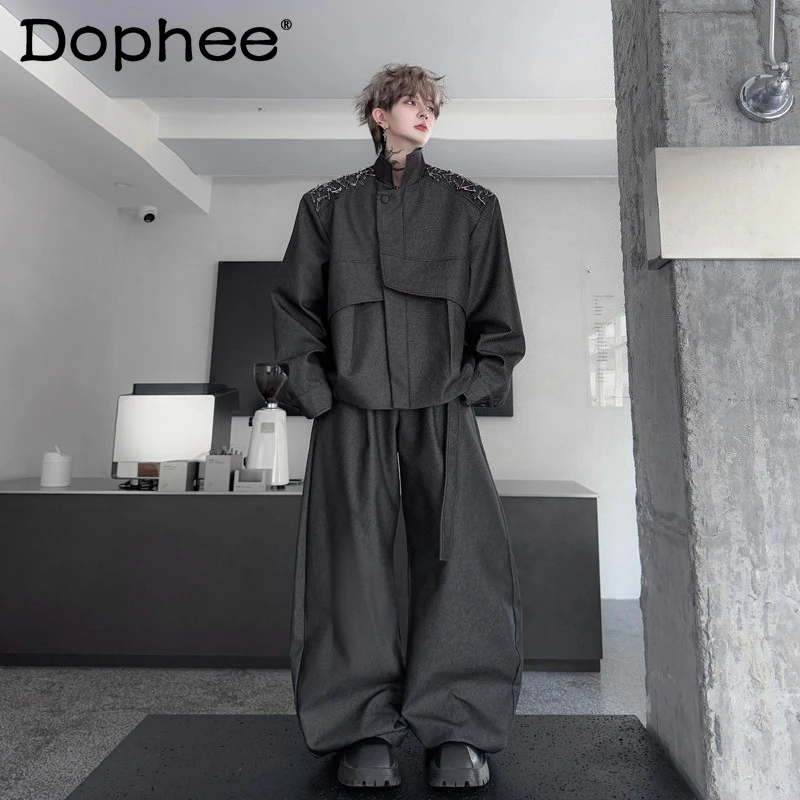 

2023 Мужские осенние новые ретро-булавки с мягкими плечами, комплекты джинсовых курток, мужские широкие длинные брюки, стильные комплекты из двух предметов